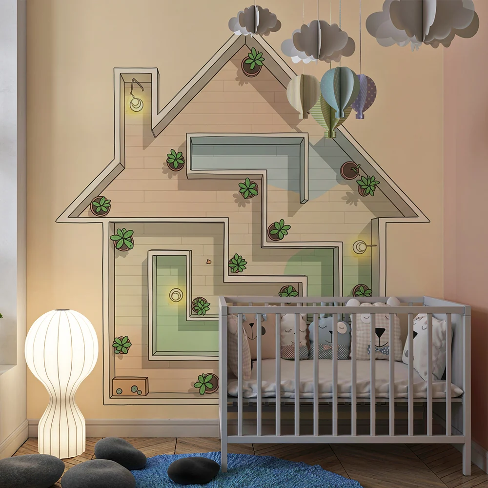 Papel de parede crianç | Casa lúdica com plantas e caminhos coloridos