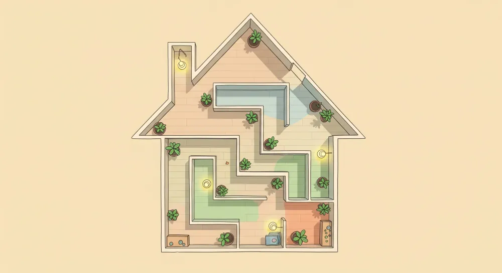 Papel de parede crianç | Casa lúdica com plantas e caminhos coloridos