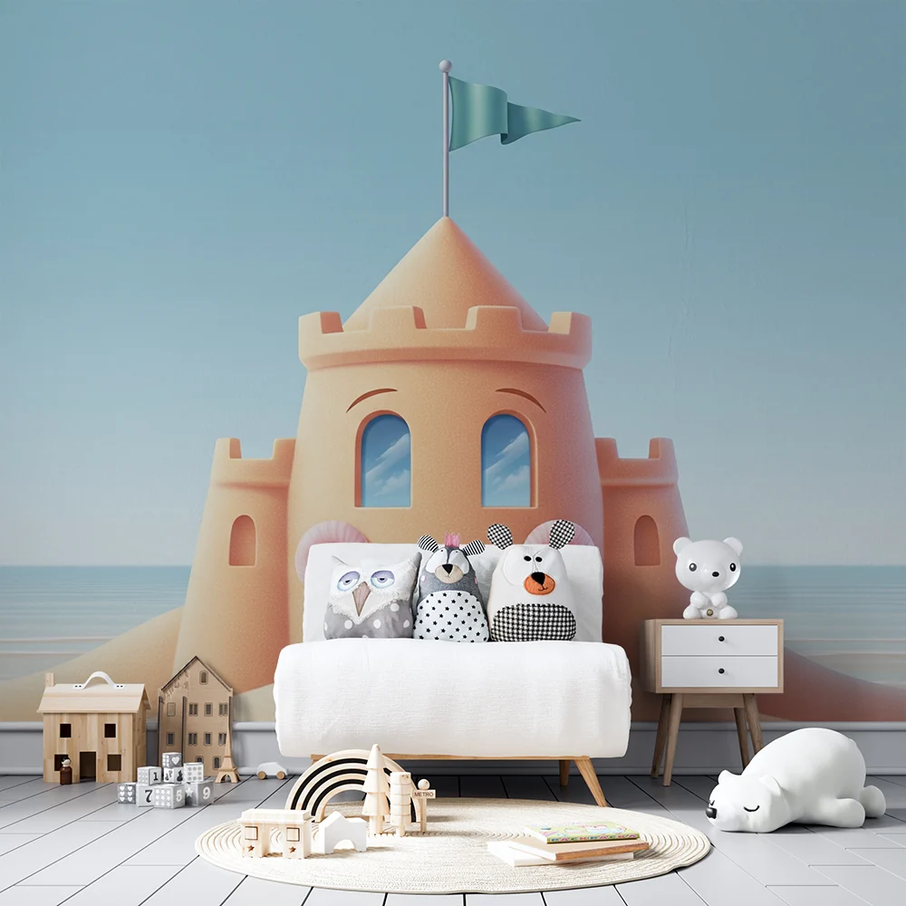 Papel de parede crianç | Castelo de areia sorridente em uma praia ensolarada
