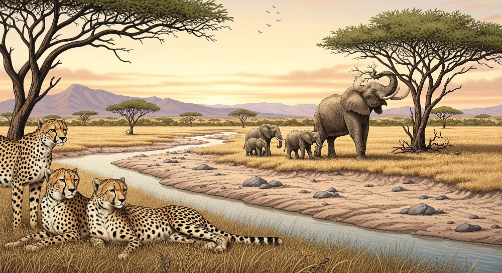 Papel de parede crianç | Cena de savana com chitas e elefantes