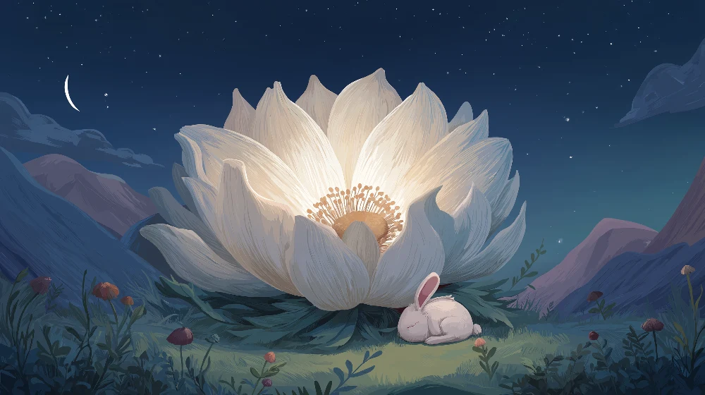 Papel de parede crianç | Coelho adormecido sob uma flor brilhante