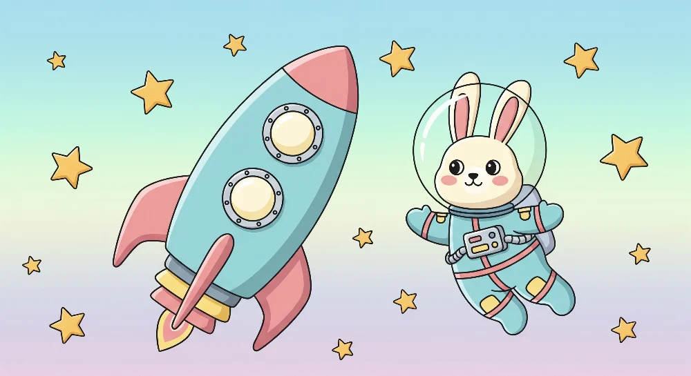 Papel de parede crianç | Coelho astronauta e foguete em um céu estrelado
