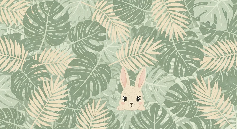 Papel de parede crianç | Coelho curioso no meio das folhas tropicais