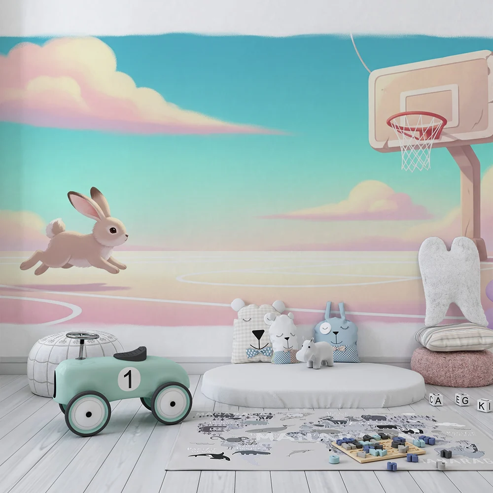Papel de parede crianç | Coelho jogador de basquete em um céu pastel