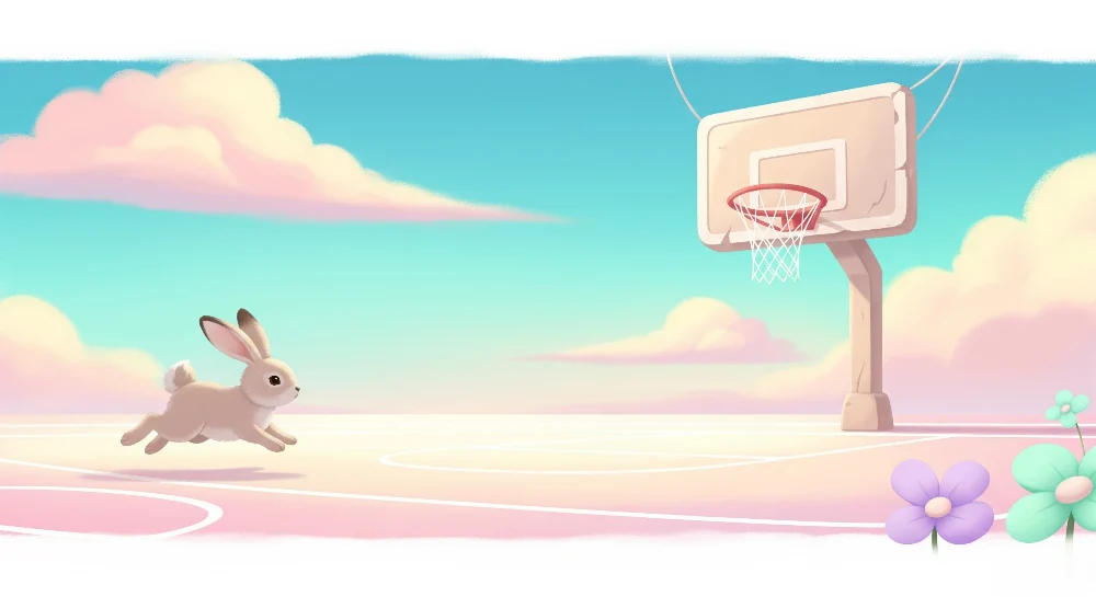 Papel de parede crianç | Coelho jogador de basquete em um céu pastel