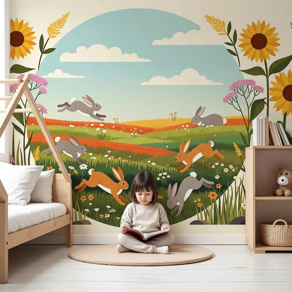 Papel de parede crianç | Coelhos felizes em um campo florido