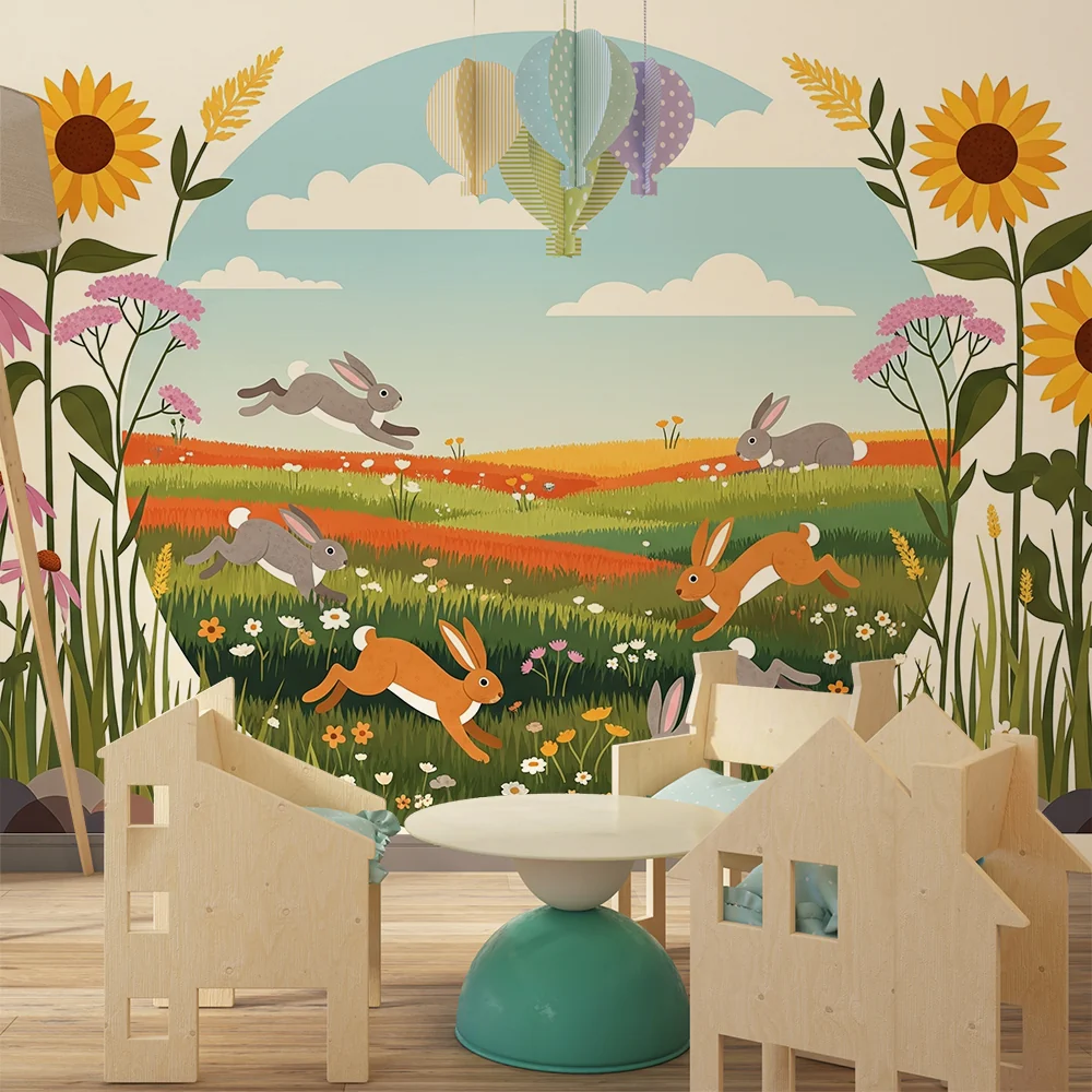 Papel de parede crianç | Coelhos felizes em um campo florido