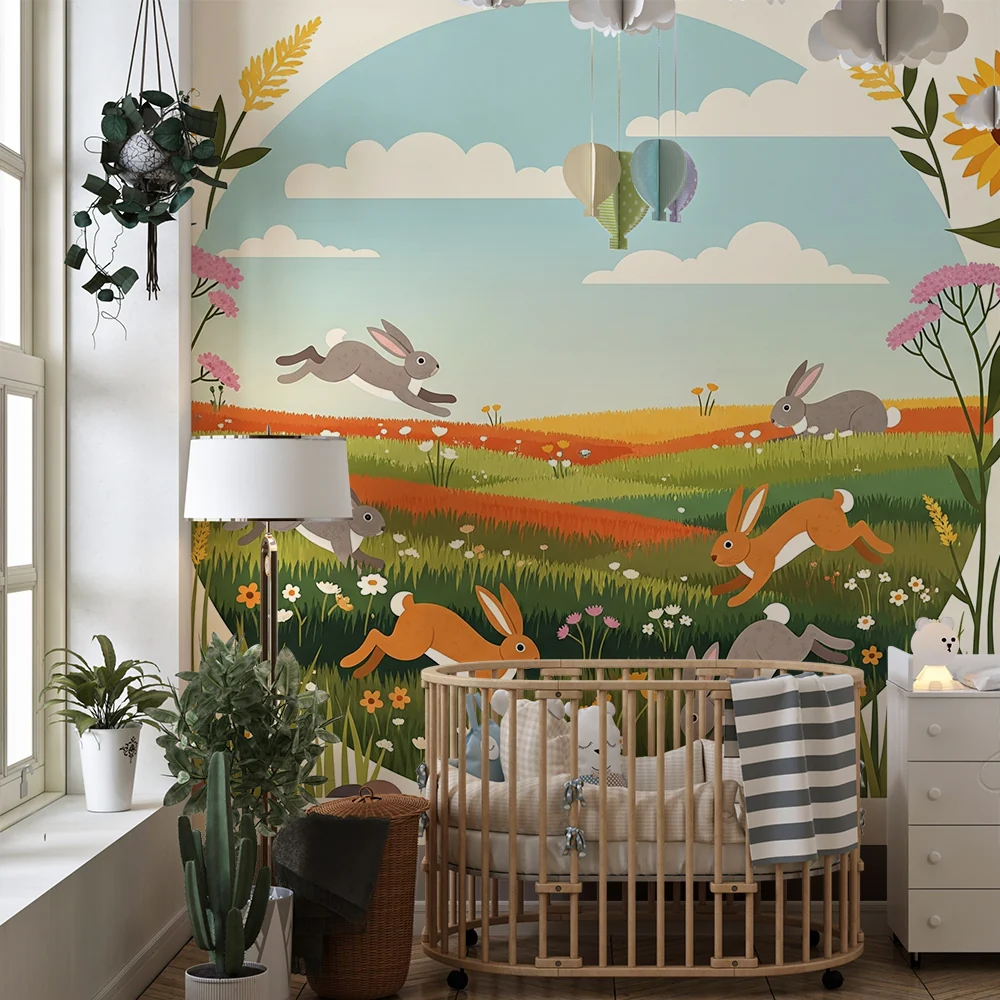 Papel de parede crianç | Coelhos felizes em um campo florido