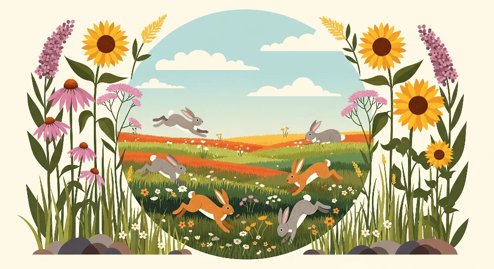 Papel de parede crianç | Coelhos felizes em um campo florido