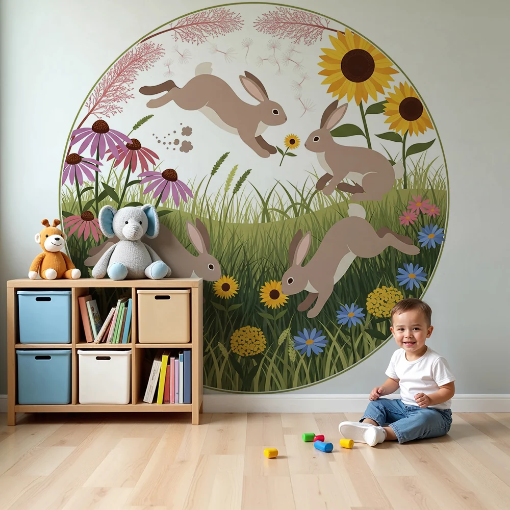 Papel de parede crianç | Coelhos felizes em um jardim florido