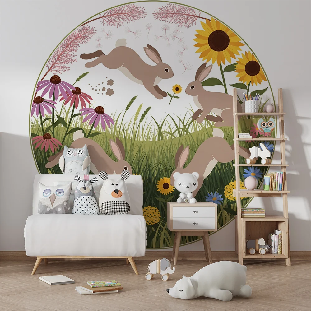 Papel de parede crianç | Coelhos felizes em um jardim florido