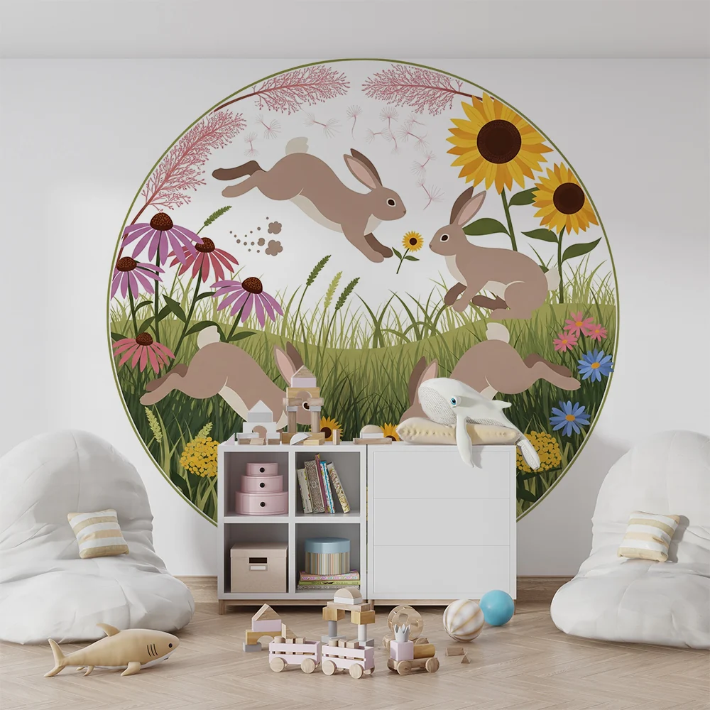Papel de parede crianç | Coelhos felizes em um jardim florido