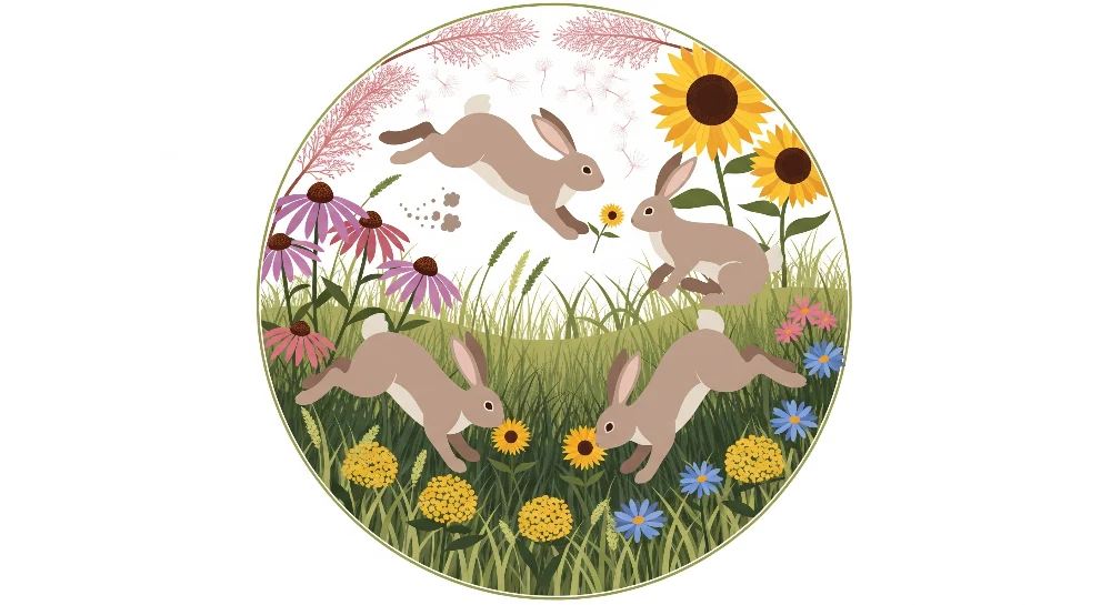 Papel de parede crianç | Coelhos felizes em um jardim florido
