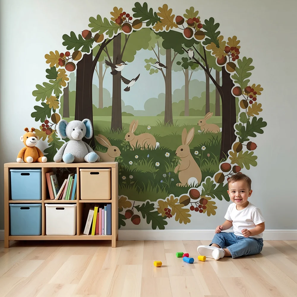 Papel de parede crianç | Coelhos em uma floresta encantada com folhagem outonal