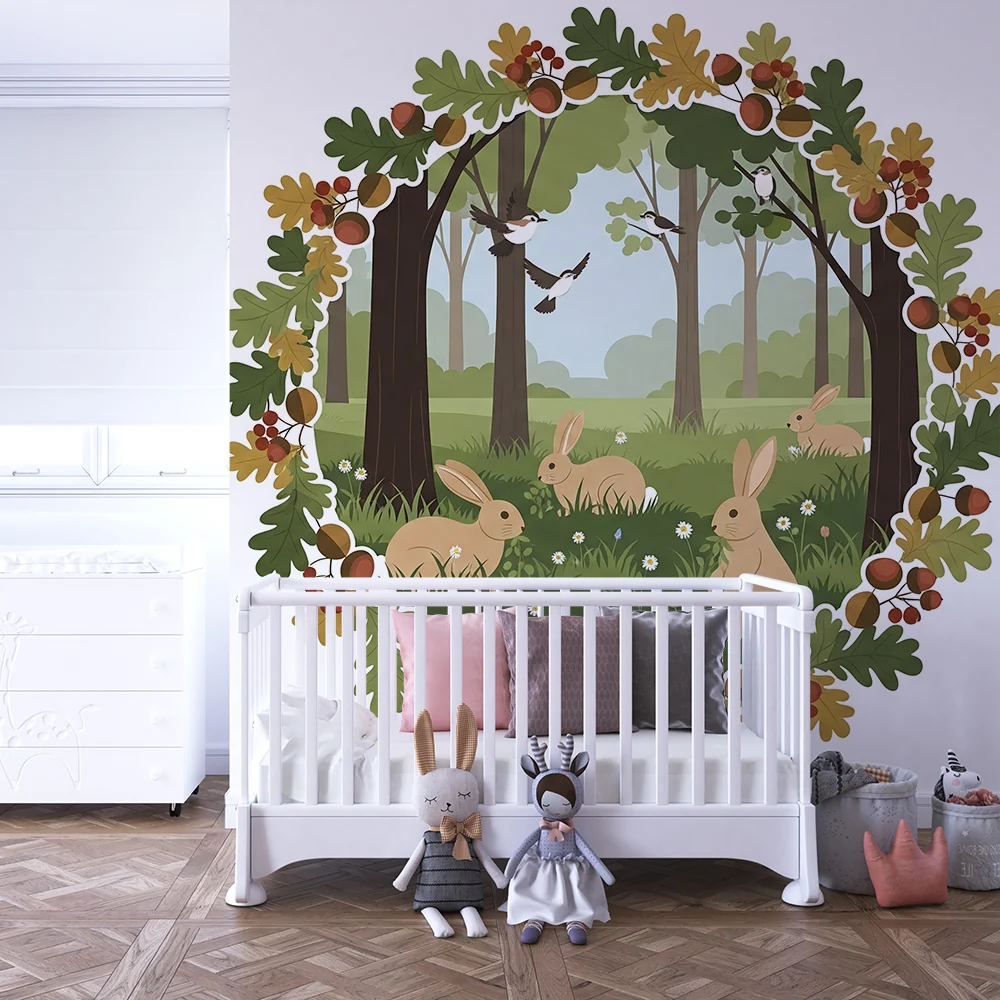 Papel de parede crianç | Coelhos em uma floresta encantada com folhagem outonal