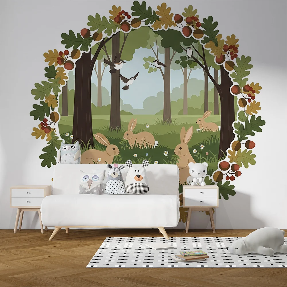 Papel de parede crianç | Coelhos em uma floresta encantada com folhagem outonal
