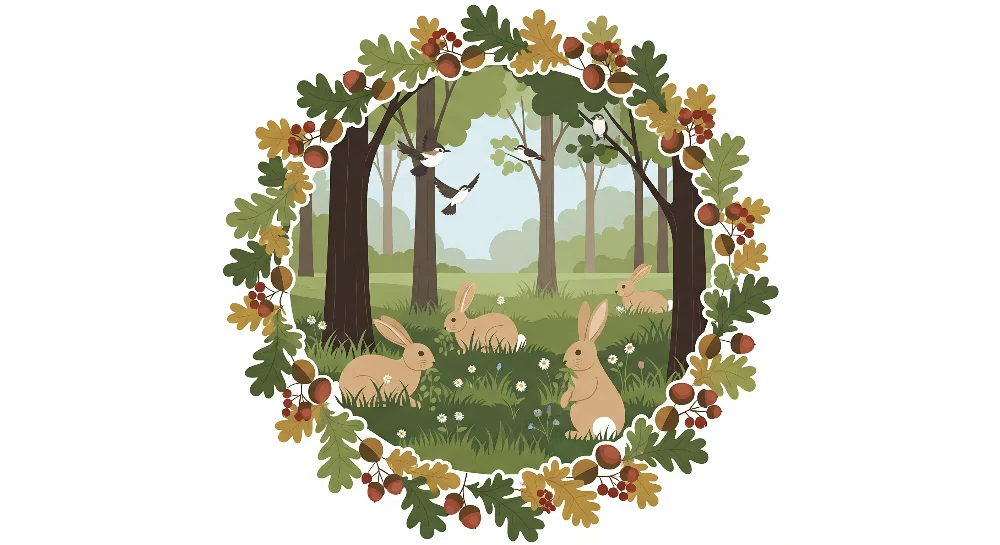 Papel de parede crianç | Coelhos em uma floresta encantada com folhagem outonal
