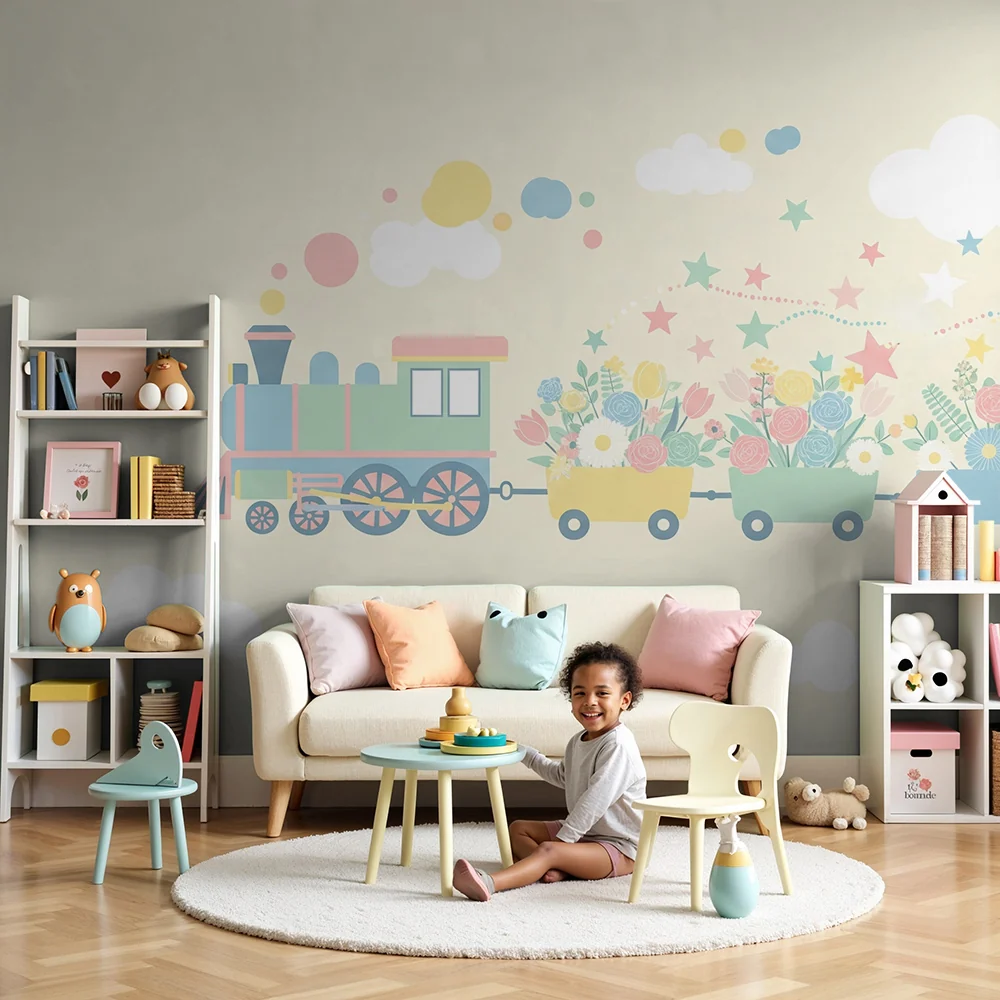 Papel de parede crianç | Colorful train carrying flowers and stars