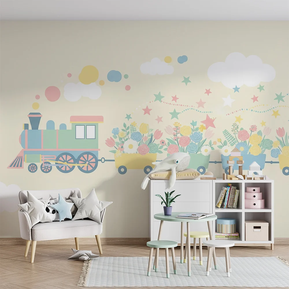 Papel de parede crianç | Colorful train carrying flowers and stars