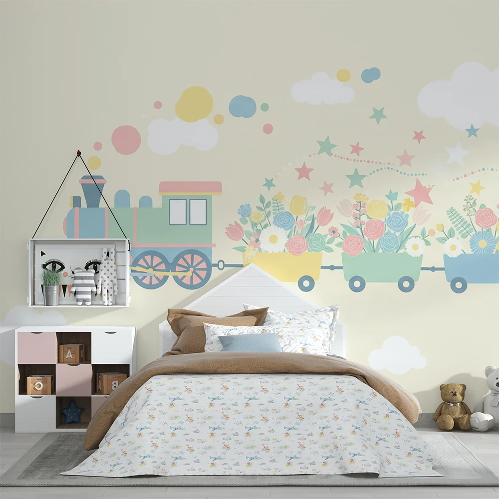 Papel de parede crianç | Colorful train carrying flowers and stars