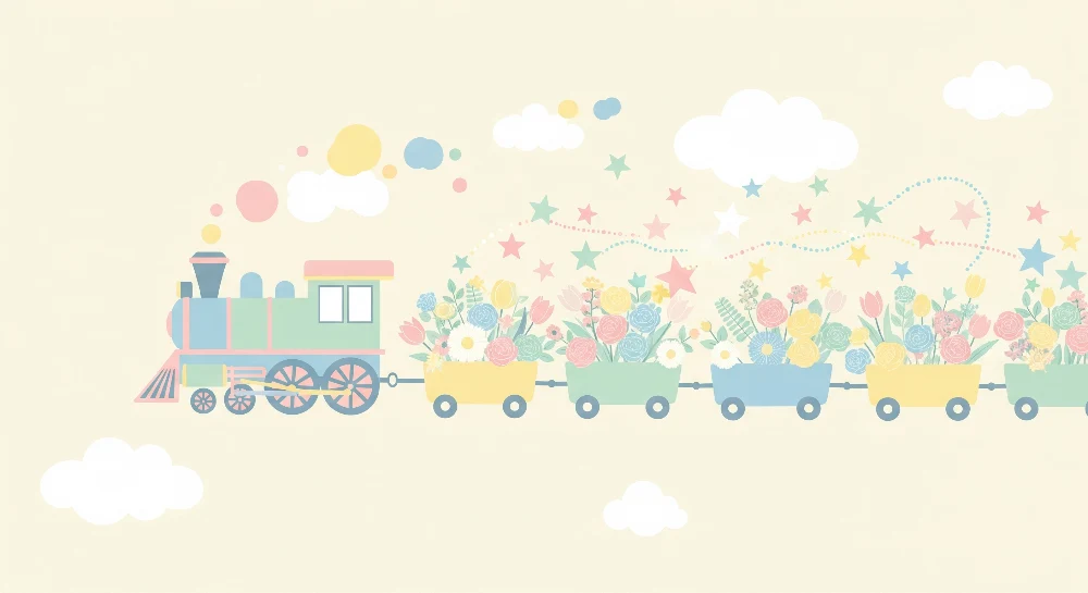 Papel de parede crianç | Colorful train carrying flowers and stars
