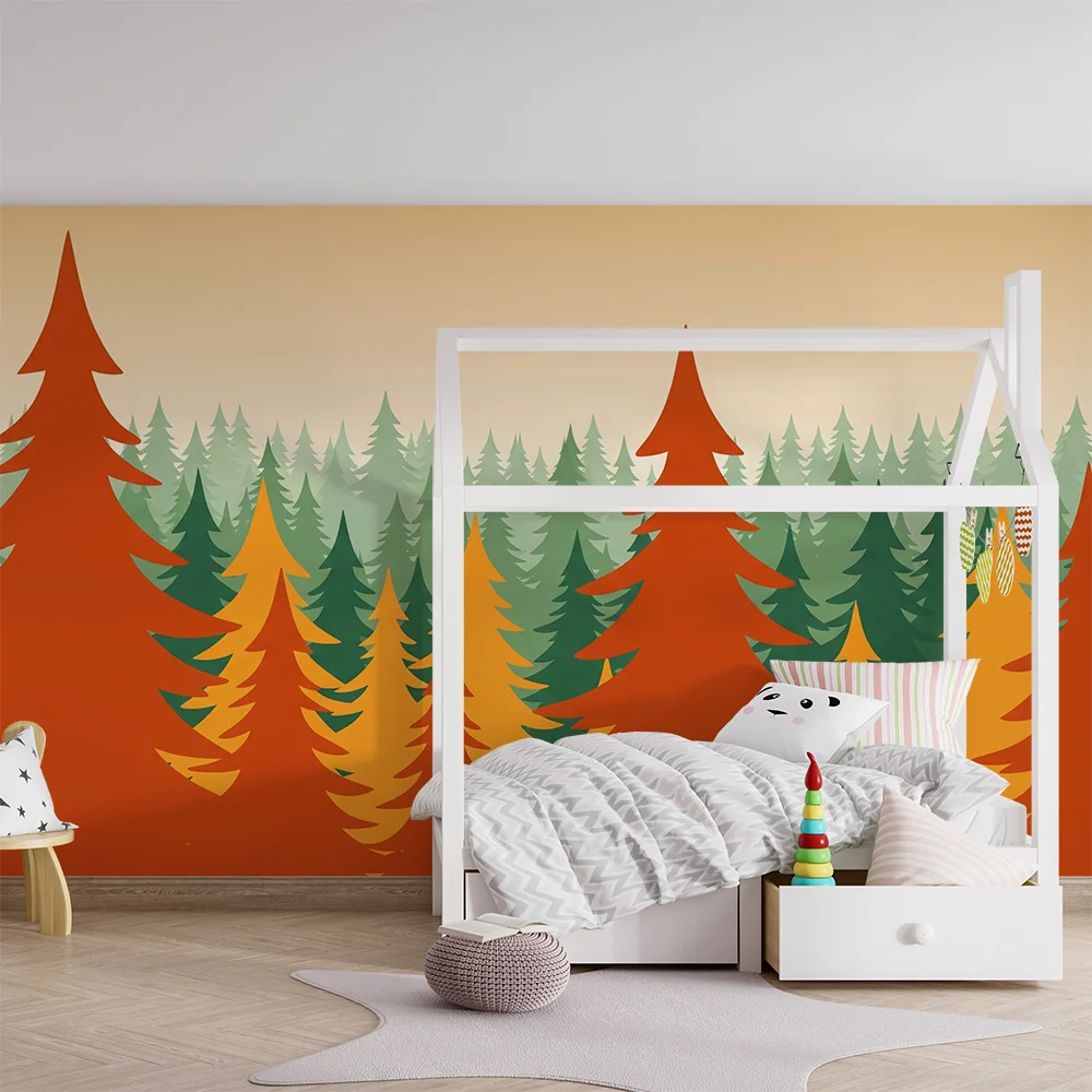Papel de parede crianç | Colorida floresta com pinheiros em tons de outono