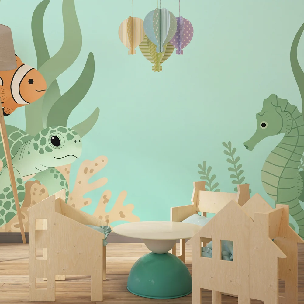 Papel de parede crianç | Colorida vida marinha com tartaruga e cavalo-marinho