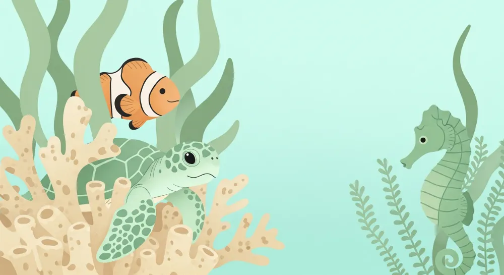 Papel de parede crianç | Colorida vida marinha com tartaruga e cavalo-marinho