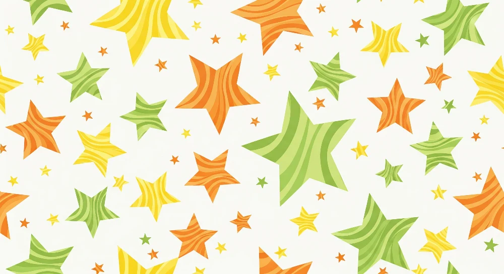 Papel de parede crianç | Coloridas estrelas verdes, laranjas e amarelas em fundo claro