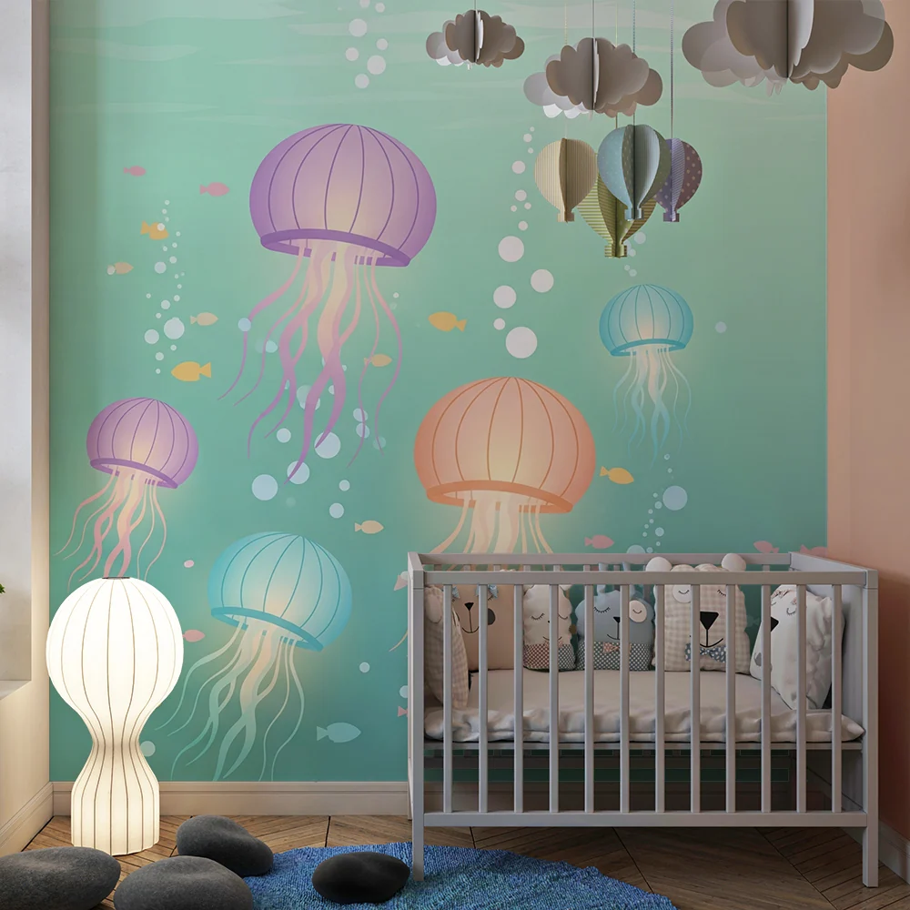 Papel de parede crianç | Coloridas águas-vivas em um oceano tranquilo