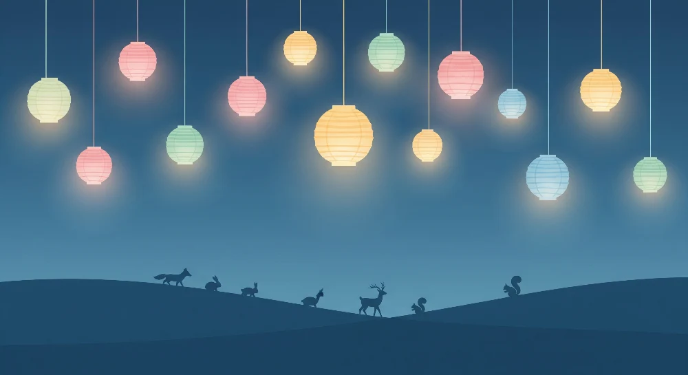 Papel de parede crianç | Coloridas lanternas e animais noturnos sob um céu estrelado