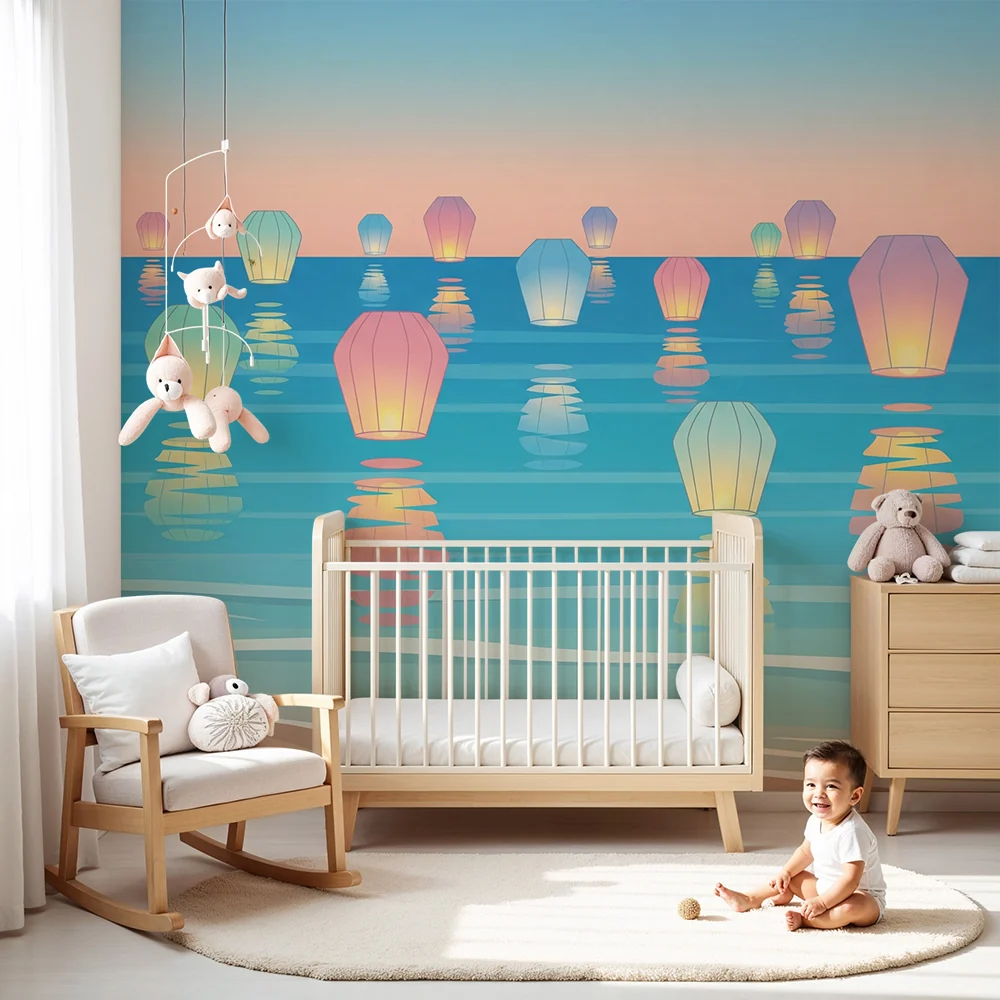 Papel de parede crianç | Coloridas lanternas flutuantes sobre um mar tranquilo