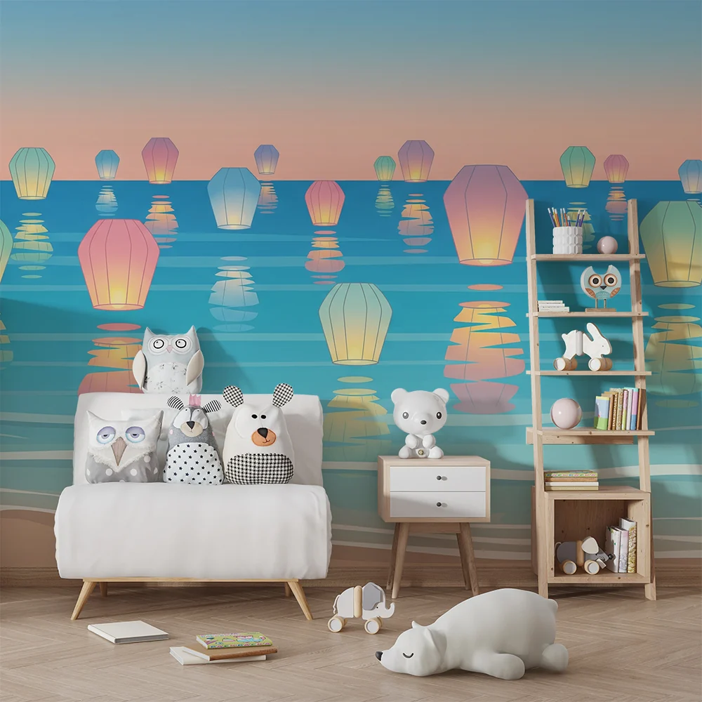 Papel de parede crianç | Coloridas lanternas flutuantes sobre um mar tranquilo