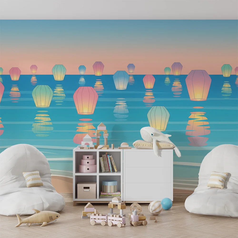 Papel de parede crianç | Coloridas lanternas flutuantes sobre um mar tranquilo