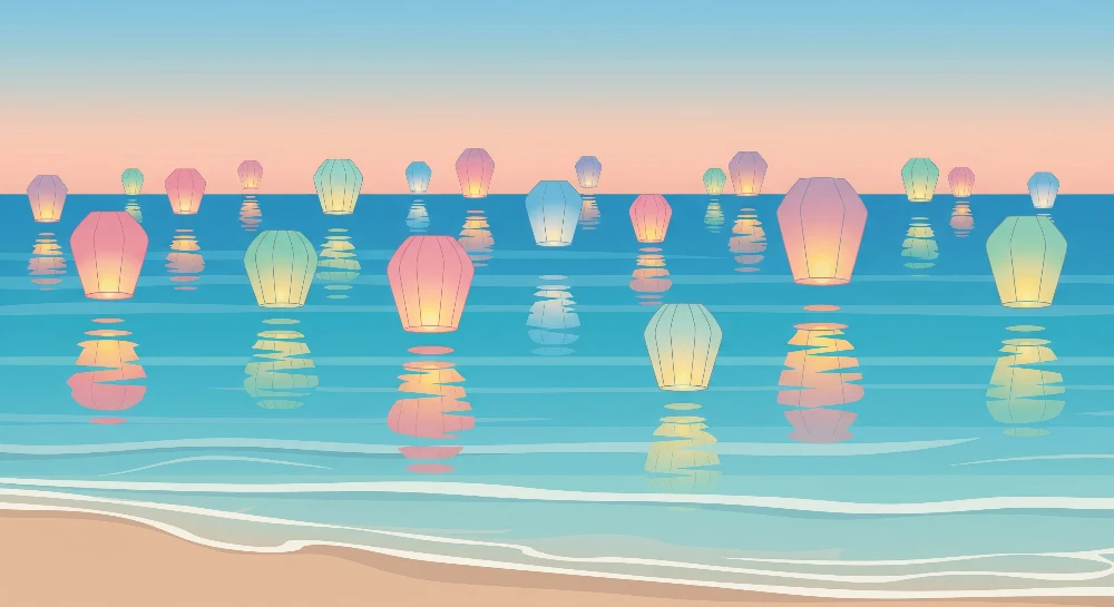 Papel de parede crianç | Coloridas lanternas flutuantes sobre um mar tranquilo