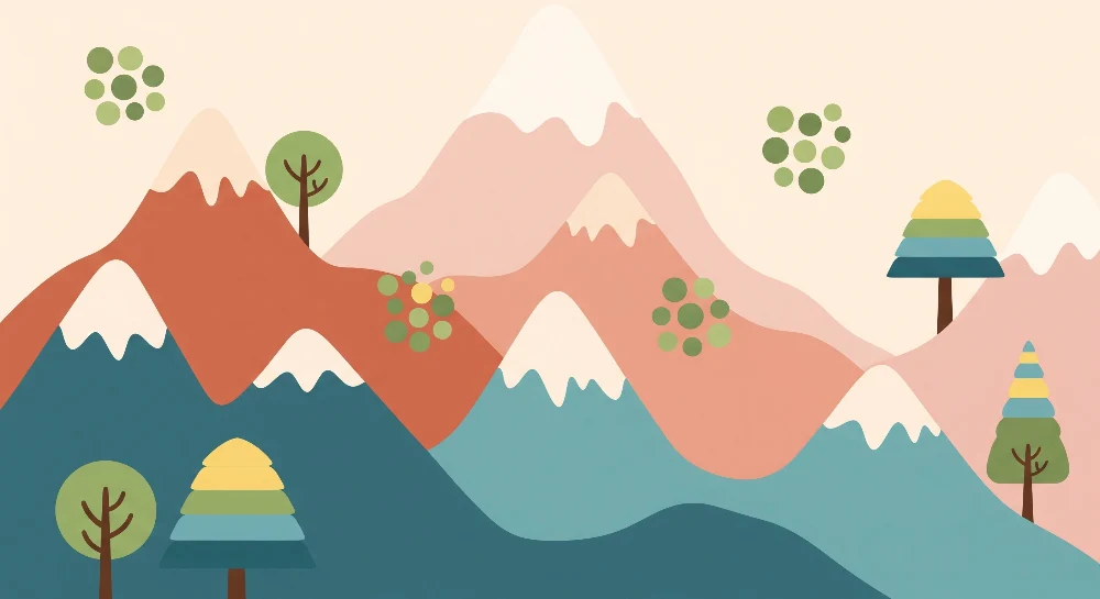Papel de parede crianç | Coloridas montanhas e árvores lúdicas