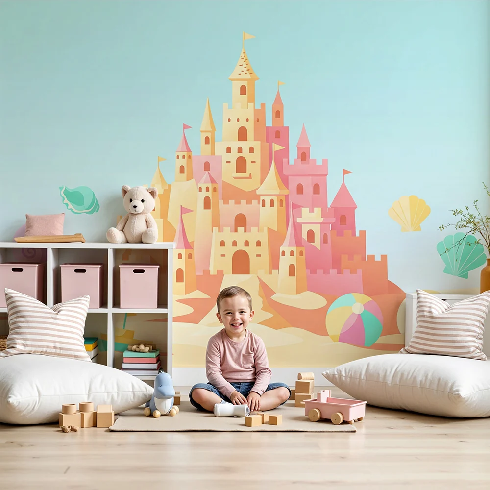 Papel de parede crianç | Colorido castelo de areia com conchas e barcos
