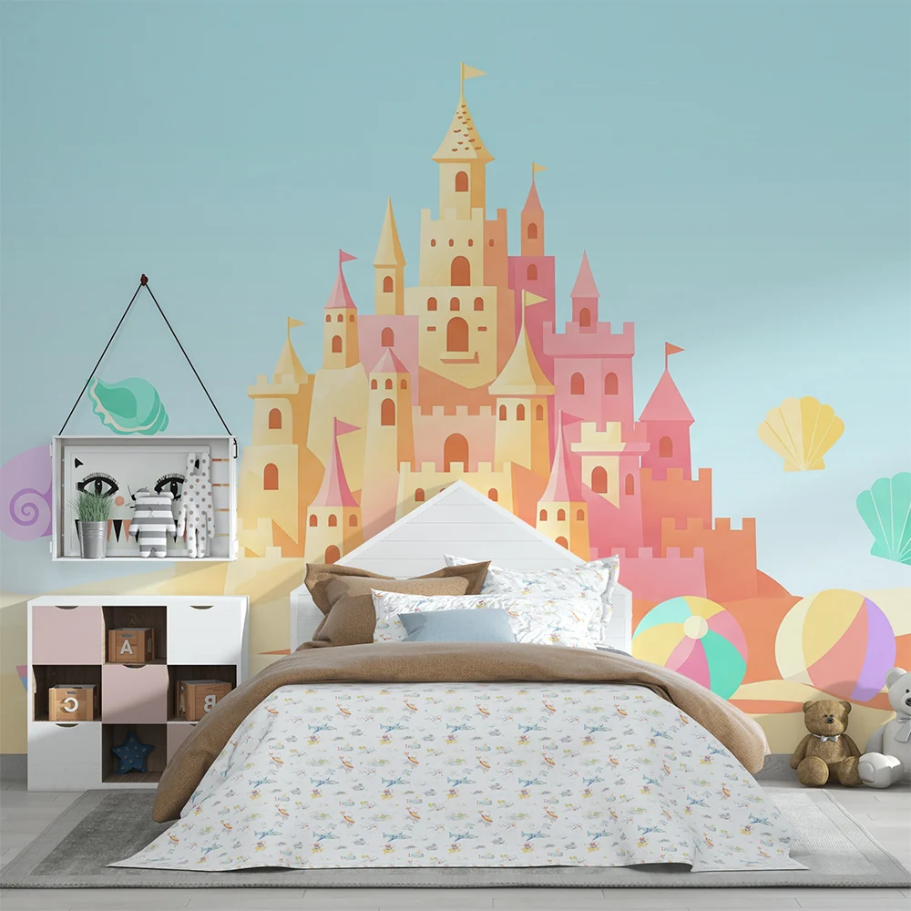 Papel de parede crianç | Colorido castelo de areia com conchas e barcos