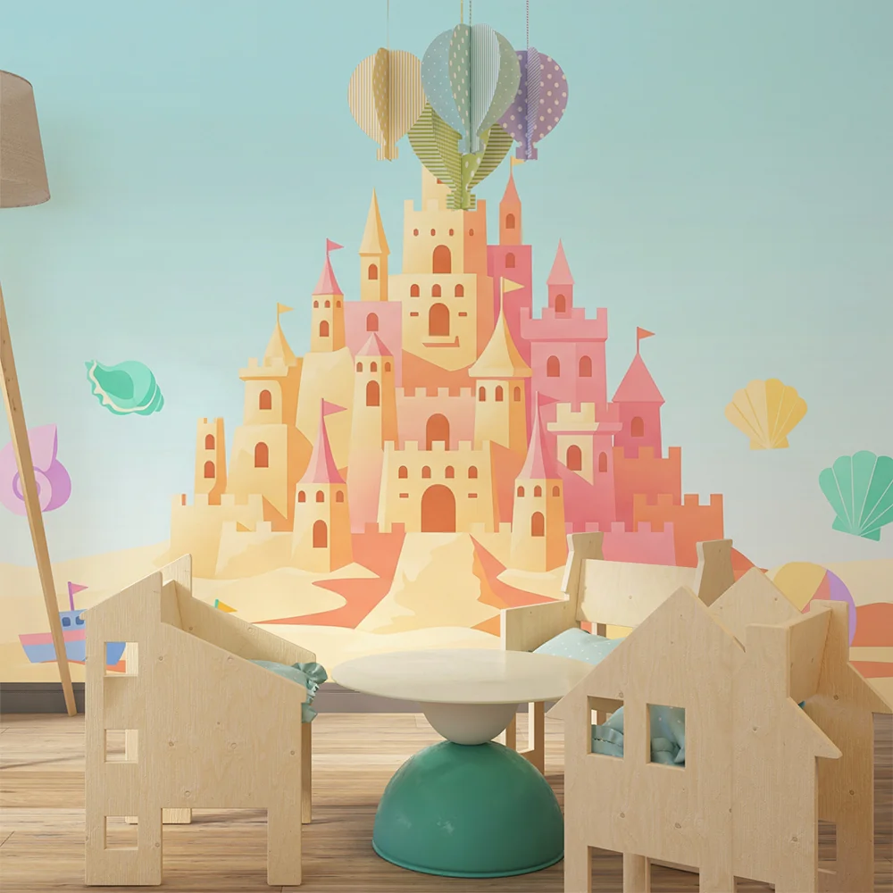Papel de parede crianç | Colorido castelo de areia com conchas e barcos