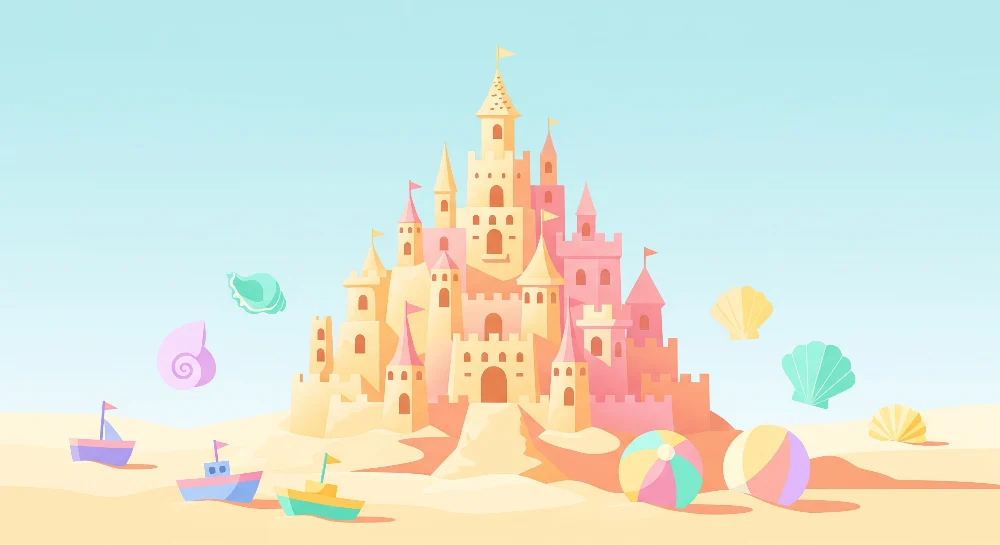 Papel de parede crianç | Colorido castelo de areia com conchas e barcos