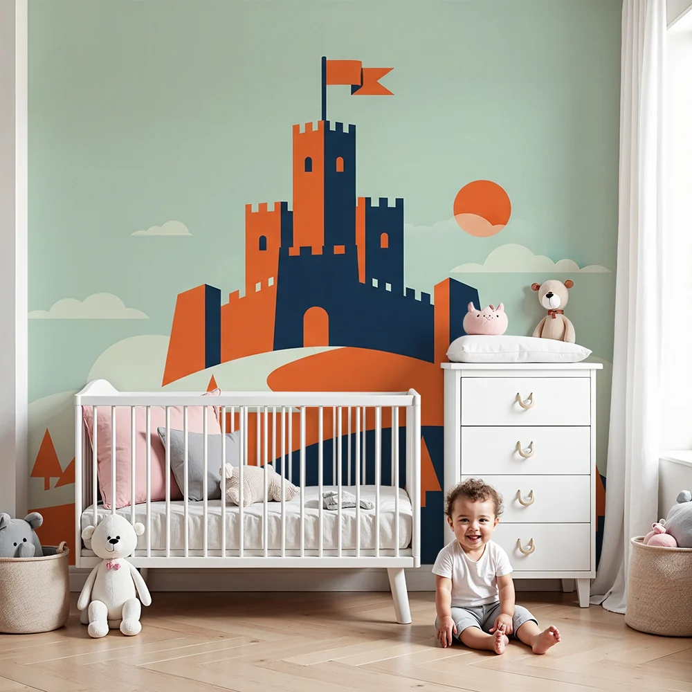 Papel de parede crianç | Colorido castelo em uma colina com árvores e céu tranquilo