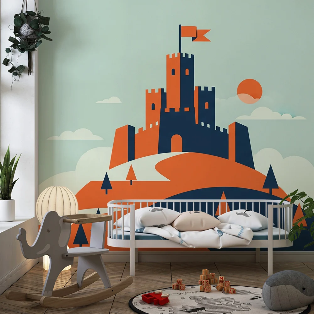 Papel de parede crianç | Colorido castelo em uma colina com árvores e céu tranquilo
