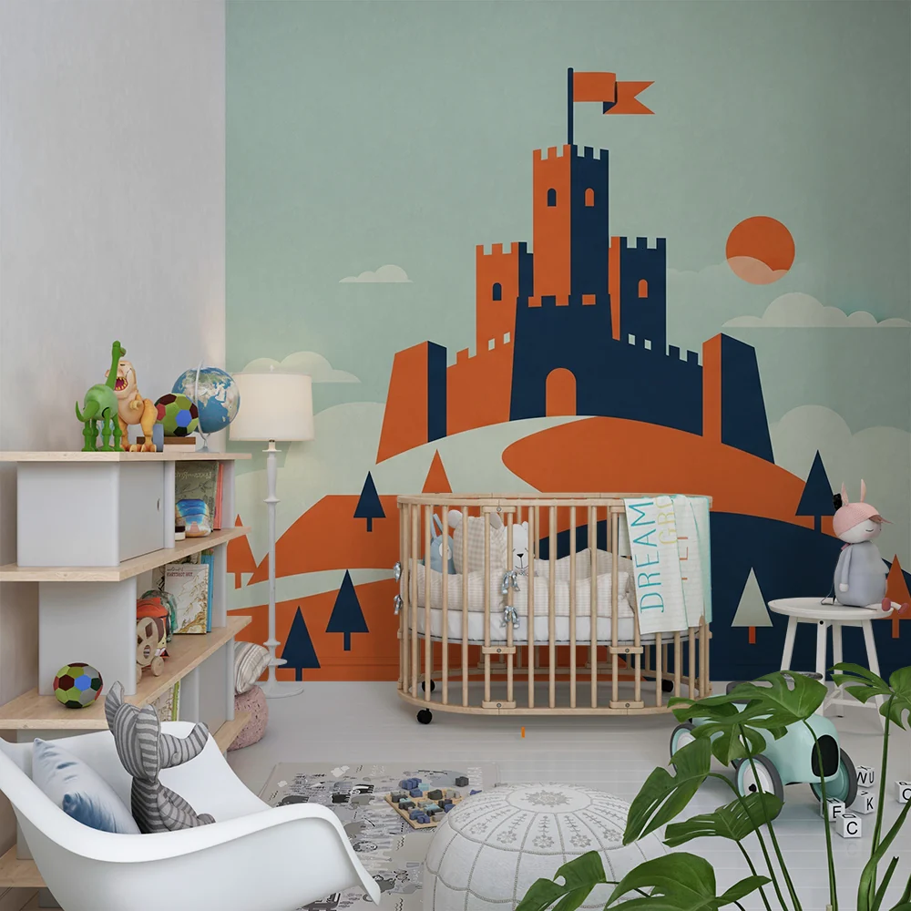 Papel de parede crianç | Colorido castelo em uma colina com árvores e céu tranquilo
