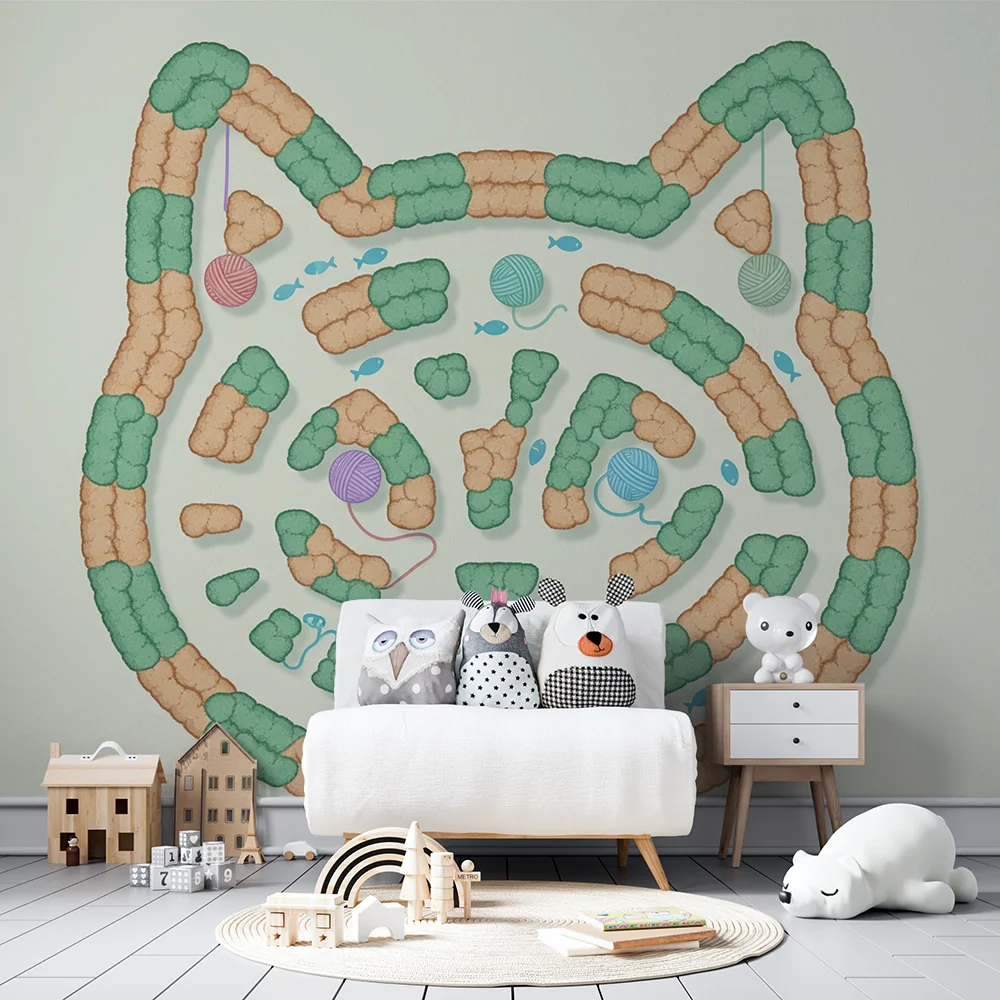 Papel de parede crianç | Colorido labirinto de gato com novelos de lã e peixes