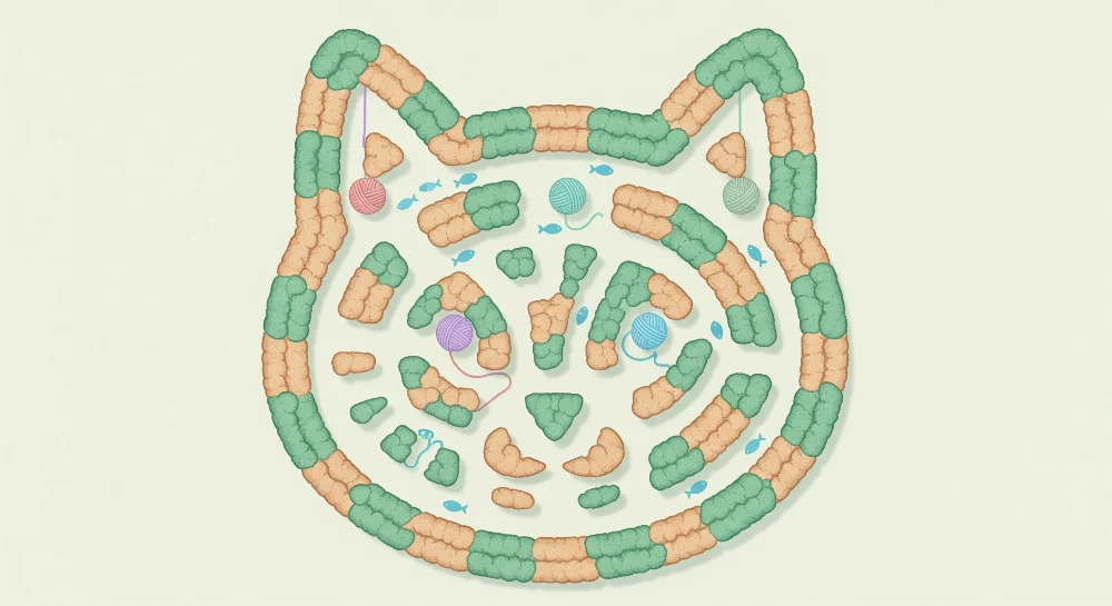 Papel de parede crianç | Colorido labirinto de gato com novelos de lã e peixes