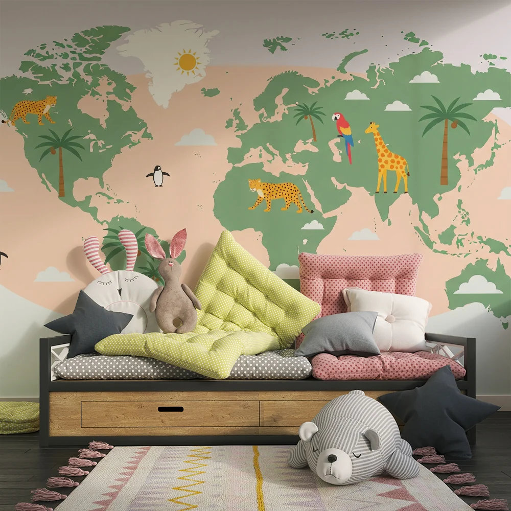 Papel de parede crianç | Colorido mapa mundial com animais exóticos
