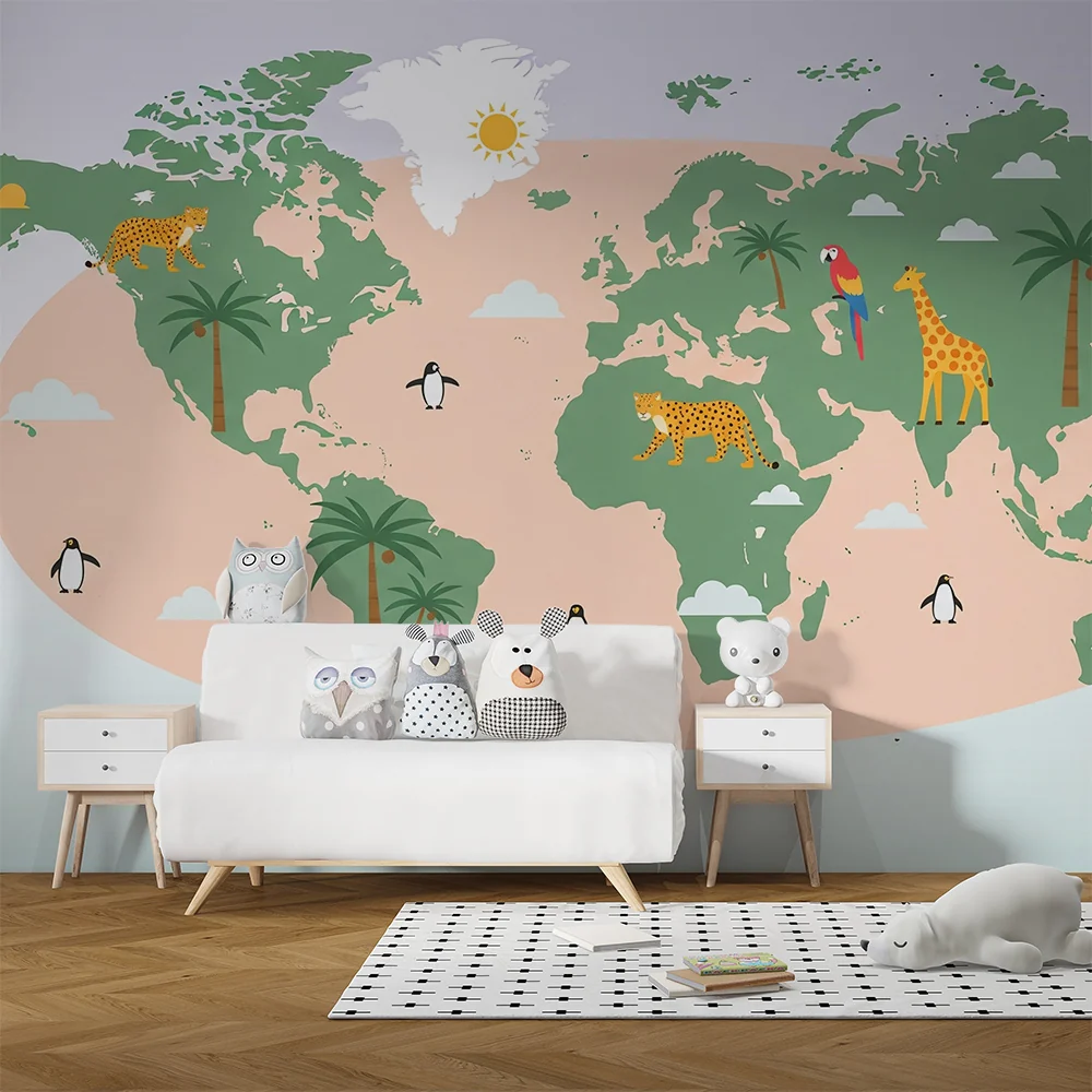 Papel de parede crianç | Colorido mapa mundial com animais exóticos