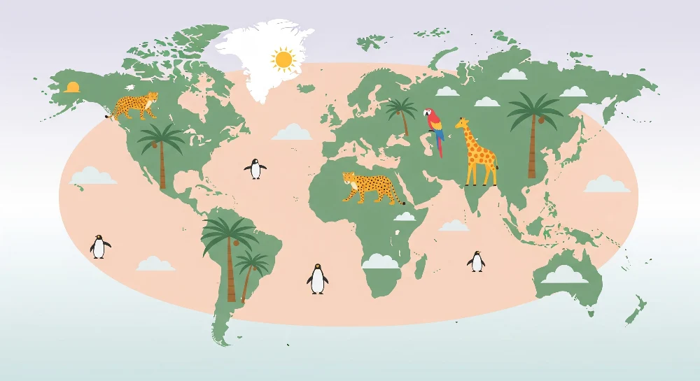 Papel de parede crianç | Colorido mapa mundial com animais exóticos