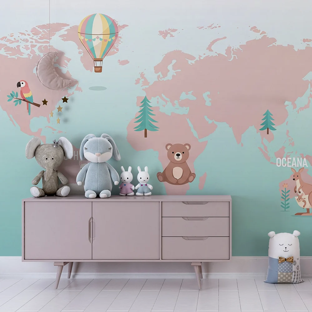 Papel de parede crianç | Colorido mapa do mundo com animais fofos