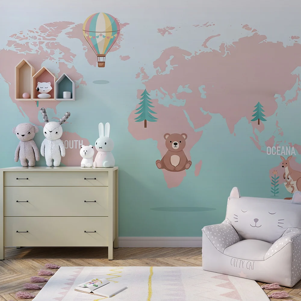 Papel de parede crianç | Colorido mapa do mundo com animais fofos